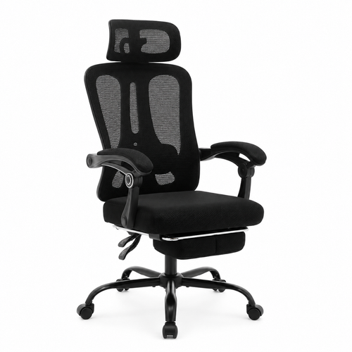 Chaise ergonomique ERGOVA Essential sur fond blanc : dossier mesh, appuie-tête, accoudoirs relevables et repose-pieds