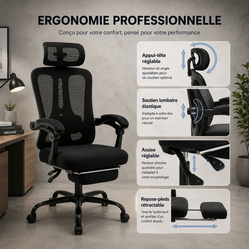 Détail des réglages de l'ERGOVA Essential : appuie-tête, soutien lombaire, assise et repose-pieds rétractable